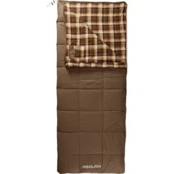 Nordisk "Almond +10" -Camping-Ausrüstung Verkaufsgeschäft almond plus 10 141004 nordisk rectangular shape sleeping bag bungy cord brown front open top